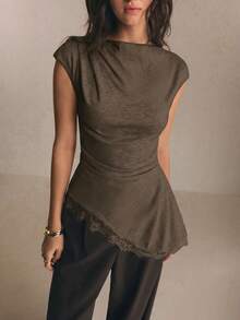Poéselle Women's Summer Elegant Commute Lace Patchwork Asymmetric Hem Top Office Coffee Brown - Brown - View 4
