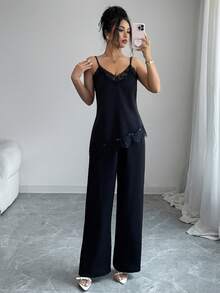 SHEIN Raffinéa 女款純色對比蕾絲細肩帶背心與長褲優雅兩件套 - 黑色 - 查看 6