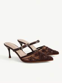 CUCCOO CHICEST Women Shoe Spring And Summer New Models, Mesh Embroidery Pointed Mueller Sandals, Buckle Thin Heels And Half-Drag High Heels, Retro Light And Familiar - Brown - View 1