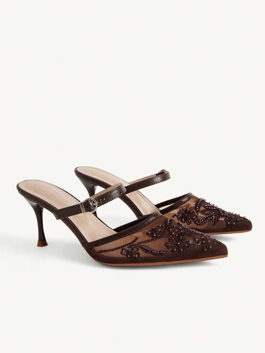 CUCCOO CHICEST Women Shoe Spring And Summer New Models, Mesh Embroidery Pointed Mueller Sandals, Buckle Thin Heels And Half-Drag High Heels, Retro Light And Familiar - Brown - View 1