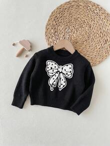 SHEIN 女嬰百搭休閒可愛黑色蝴蝶結圖案長袖秋冬毛衣 - 黑色 - 查看 3