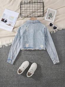 SHEIN Tween Girls Denim Jackets Coats Autumn Winter Vintage Streetwear Casual Light Blue Washed Distressed Fitted Short Jacket Soft Fabric School Holiday - Light Wash - View 3
