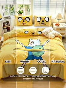 ADVENTURE TIME X SHEIN 3Pcs Cute Cartoon Printed Quilt Cover Set, Polished Material, Soft And Warm, Red Quilt Cover, Multiple Sizes, Suitable For Single Bed/Double Bed/Queen Bed/King Bed - Yellow - View 10