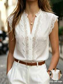 SHEIN Spring/Summer Lace Patchwork French Elegant High-End White Blouse Office - White - View 2
