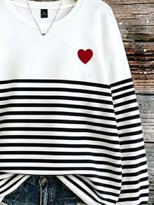 EMERY ROSE Plus-Size Women's Casual Striped Crew Neck Long-Sleeved Sweatshirt With Heart Embroidery, Autumn/Win - Multicolor - View 3