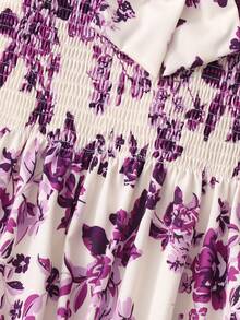 Tween Girls Vacation Back To School Purple Floral Print Square Neck Short Sleeve Shirred Dress - Purple - View 9