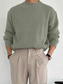 DAZY Men Solid Color Crew Neck Long Sleeve Sweater, Autumn - Army Green - View 2