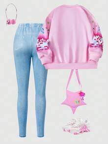 女童運動衫套裝，粉色長袖運動衫搭配卡通印花內搭褲，全套卡通偶像圖案，無需擔心搭配，結合可愛與酷炫風格，春秋冬季女童衣櫥必備，適合日常上學穿著，充滿個性，拍照效果佳 - 彩色 - 查看 2