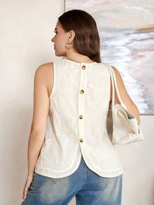 Levarali Plus Size Women's Embroidered Design Back Single-Breasted Sleeveless Blouse Brunch Formal Birthday White Summer Casual Kawaii Western - Blue and White - View 6