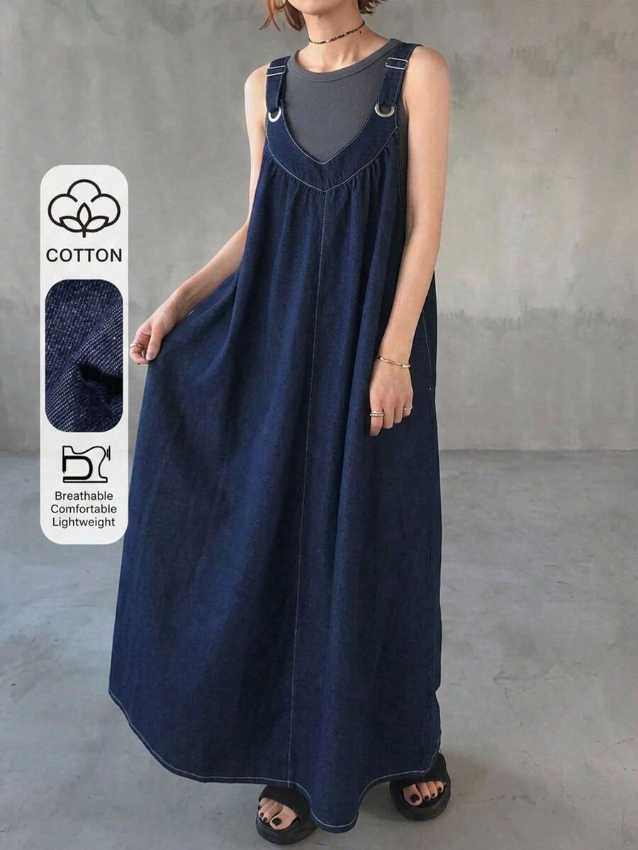 FRIFUL 女款百褶休閒百搭日常度假牛仔吊帶裙 海軍藍 秋季 - 藍色 - 查看 1