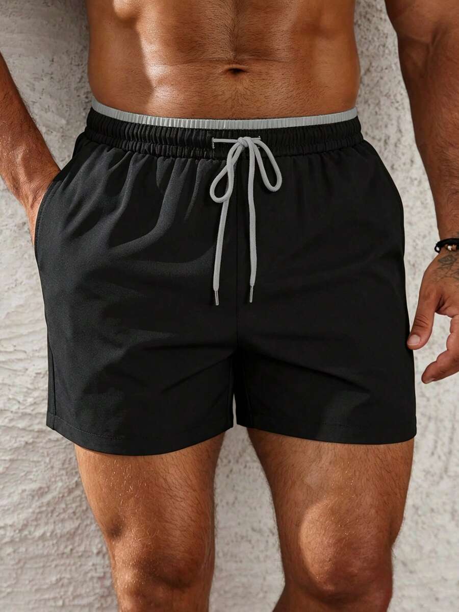 Solantero Men's Vacation Colorblock Drawstring Waist Pocket Beach Shorts - Black - View 1