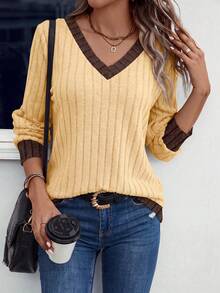 SHEIN LUNE Women's Autumn/Winter New Colorblock Design V-Neck Soft Wide Ribbed Knit Long Sleeve Sweatshirt - Multicolor - View 1