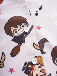HARRY POTTER X SHEIN 少女卡通角色印花單排扣短袖上衣與短褲家居服套裝 - 粉色 - 查看 5