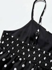 SHEIN 青少年女孩波點印花細肩帶金屬扣A字裙 - 黑與白 - 查看 4