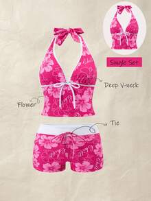 SHEIN Swim Curve Magenta Tropical Ditsy Floral Deep Tie Straps Casual Vacation Pool Women's Halter Neck Push-Up Bikini Top - Multicolor - View 1