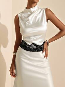 Elafinee Satin Sleeveless Waist Pleated Colorblock Lace Patchwork Elegant French Women's Blouse Wedding Dinner White And Black Summer - White - View 1