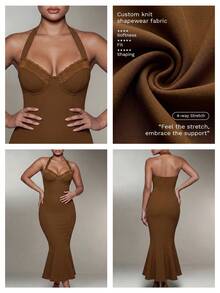 Nuvra Plus Size Women Camel Lace Trim Halter Neck Mermaid Dress Cocktail Party Summer Elegant Sexy - Brown - View 6