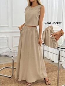Easowa Women's Solid Color Round Neck Ruffle Trim Top And Mini Skirt Modest Sexy 2-Piece Set Pastal Summer Vacation Golf Khaki - Khaki - View 3