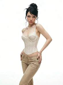 Sweetina 性感蕾絲透視修身收腰魚骨背心上衣 女款 - 杏色 - 查看 5