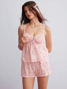 Elorette 2pcs Set Piyama Wanita Warna Pink 100% Katun dengan Bordir Tepi Bergelombang dan Motif Bunga, Gaya Pastoral Romantis, Model Camisole + Celana Pendek - Berwarna merah muda - View 4