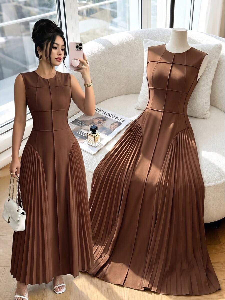 Rafferiza 女士春夏简约设计感立领无袖褶皱A字连衣裙 - 棕色 - 查看 1