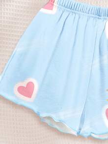 少女奶油藍 K-POP 卡通女孩圖案休閒極簡風細肩帶上衣短褲家居服套裝，適合春夏，2件組 - 彩色 - 查看 5