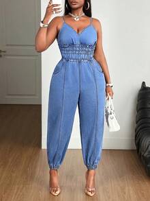 Slaydiva Plus Size Women's Pleated Pocket Casual Strappy Denim Jumpsuit - Blue - View 1