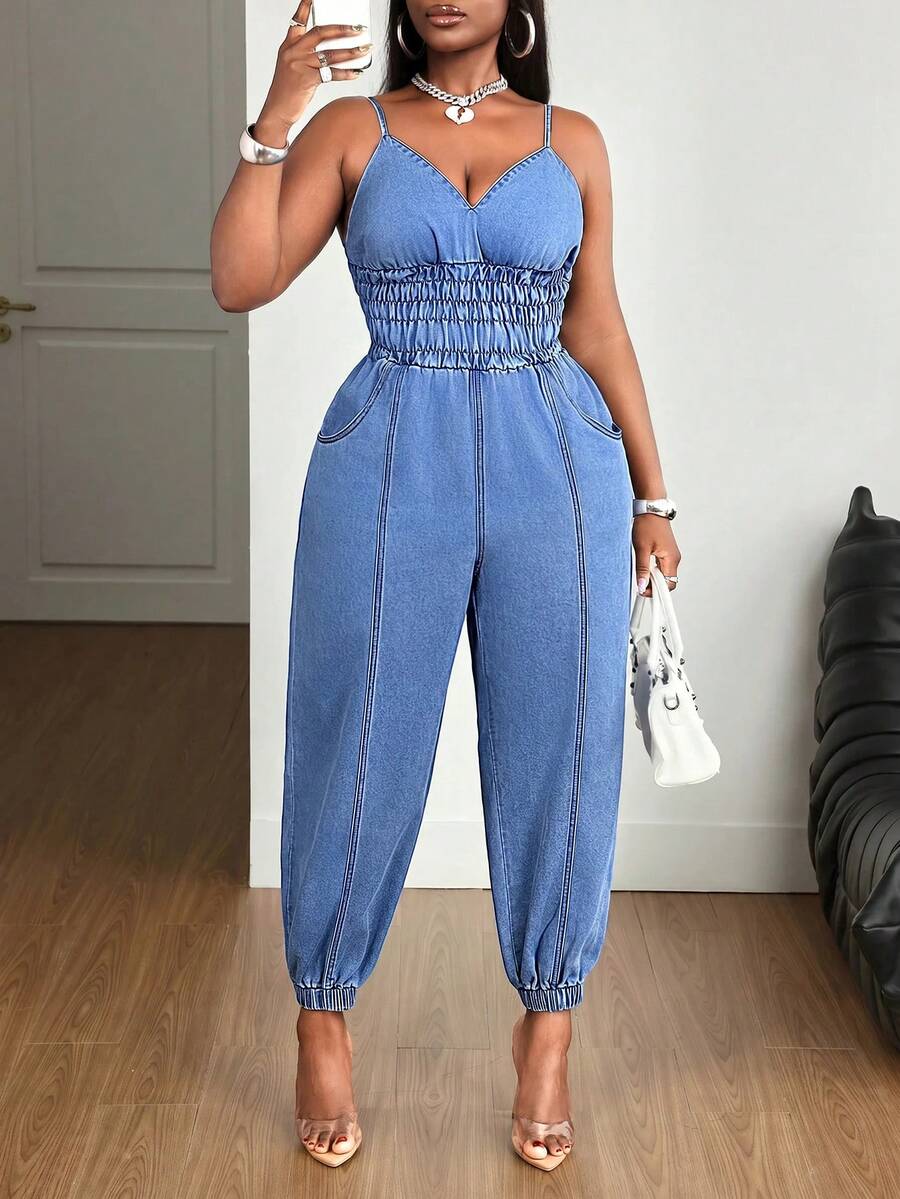 Slaydiva Plus Size Women's Pleated Pocket Casual Strappy Denim Jumpsuit - Blue - View 1