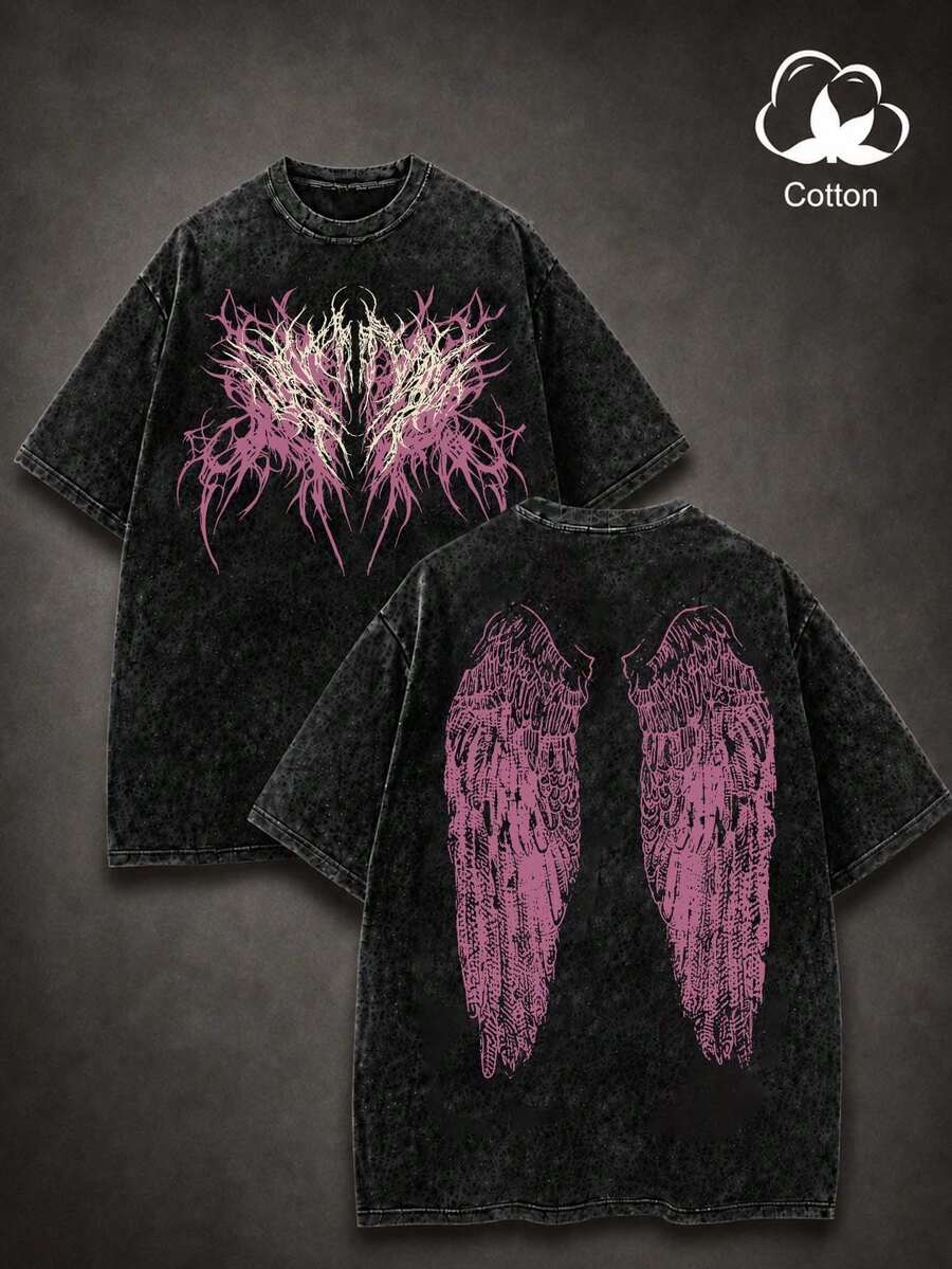 Manfinity EMRG Men's Plus Size Washed Wing Print T-Shirt - Black - View 1