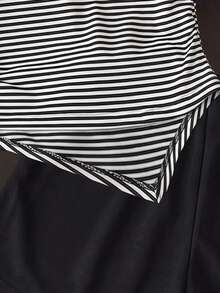 青少年女孩經典黑白條紋短袖上衣搭配純黑色短褲套裝，領口與側面獨特鏤空花卉設計，不對稱三角下擺，極簡俐落線條，黑白對比色，柔軟貼身，簡約時尚 - 黑與白 - 查看 9