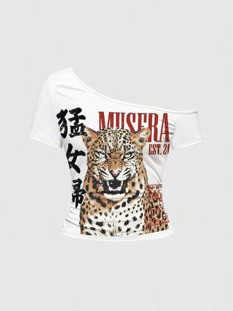 Grunge Punk Camiseta sexy para mujer con eslogan de cabeza de tigre oscuro y hombro asimétrico