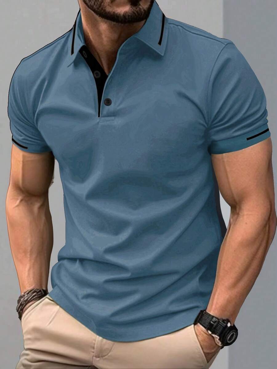 Manfinity Homme 男士拼色短袖休閒通勤 Polo 衫 - 水鴨藍 - 查看 1