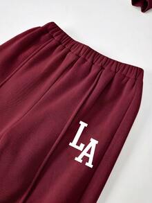 SHEIN 青少年女孩休閒「LA」字母印花針織素色寬鬆落肩長袖衛衣與百褶寬腿運動褲套裝，女孩秋季服飾，女孩秋季穿搭，女孩冬季服飾 - 酒紅色 - 查看 6