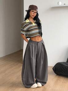 Coolane 女款夏季復古休閒嬉皮街頭風寬版軍綠色長褲 - 棕色 - 查看 3