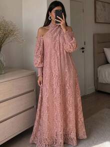 Al Najma 女款粉色編織蕾絲扭結掛脖蘑菇鈕扣長袖優雅浪漫阿拉伯風洋裝 - 粉色 - 查看 10