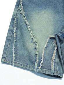 GALLERY FADE Pantalones cortos de mezclilla lavada vintage con patchwork y deshilachado hasta la rodilla para hombre - Azul lavado medio - Ver 3