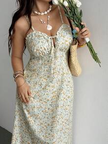 Sunnyshic Plus Size Women's Ditsy Floral Pleated Casual Boho Bohemian Summer Travel Spaghetti Strap Dress Party Vacation All White - Multicolor - View 5