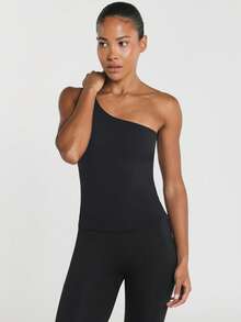 11SKNDS One Shoulder Asymmetric Crop Tank Top, Smooth Stretch Fabric, Pilates, Casual Everyday Wear And Spring Summer Activities With Sweat-Wicking, Breathable, Quick-Dry & Buttery-Soft, For Gym Workout Fitness Yoga Studio, Running, Training & Hy-Rox - Black - View 3