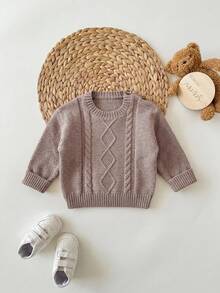 SHEIN Baby Girl Cable Knit Round Neck Long Sleeve Casual Versatile Autumn Winter Sweater - Khaki - View 4