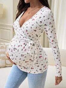 SHEIN Top d'allaitement de maternité à col en V profond avec imprimé floral, décontracté et polyvalent pour le port quotidien en automne - Blanc - Voir 7