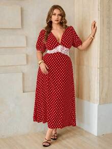 Roveilla Elegante vestido de mujer con lunares, cuello en V, manga corta, silueta ajustada en A para verano, tela sin estiramiento, adecuado para ocasiones/vacaciones/citas, blanco - Rojo - Ver 8