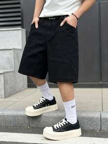 Manfinity Hypemode Spring/Summer Casual Mature Washed Deep Blue Loose Fit Double Knee Cargo Denim Shorts - Black - View 4