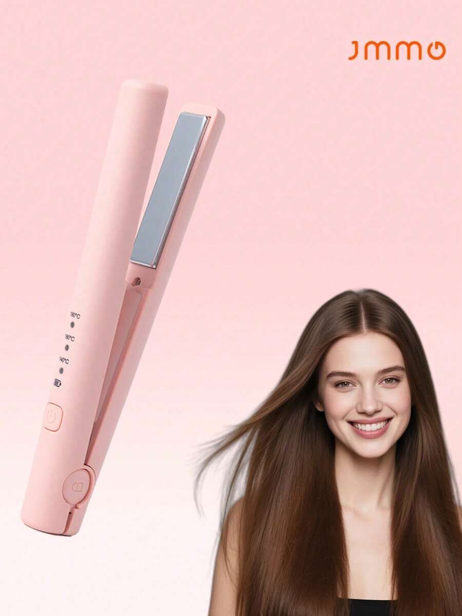 JMMO 1pc Rechargeable Straight Hair Curling Iron With Adjustable Temperature, Anti Scalding, Portable & Compact, For Daily Makeup, Travel, Indoor & Outdoor Use, All Seasons, Practical Hair Styling Tool, Built-In 800mAh Battery. - Pink - View 1