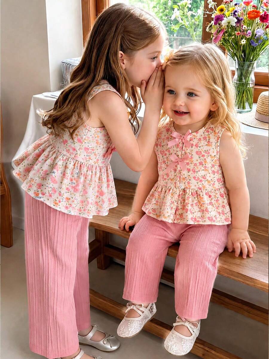 SHEIN Playful Pals 2件組女嬰幼兒/新生兒0-3歲春夏季休閒甜美日常度假條紋編織無袖背心上衣&寬腿褲套裝 - 粉色 - 查看 1