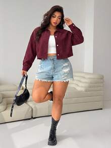 SHEIN EZwear 女款大尺碼長袖單排扣休閒酒紅色夾克 - 酒紅色 - 查看 6