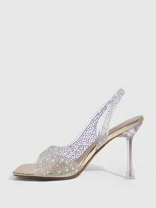 CUCCOO SZL Sandalias de tacón alto con tiras traseras y punta abierta con strass transparente para mujer - Dorado - Ver 4
