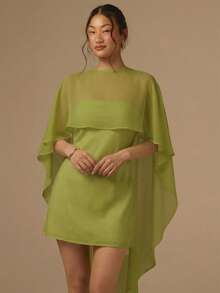 COSMINA 2件組女款披肩式緞面斜裁迷你洋裝，橄欖綠，優雅婚禮賓客歐根紗套裝，時尚純色雞尾酒派對夏季洋裝 - 綠色 - 查看 4