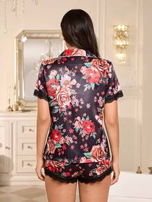 LuxeNights 女款前開襟睡衣套裝，仿絲綢玫瑰印花配蕾絲飾邊 - 黑色 - 查看 2
