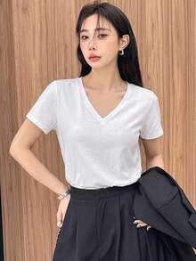Livesso Women's Solid Color V-Neck Short Sleeve Casual Loose T-Shirt,Business Casual Women Preppy Tops - White - View 12