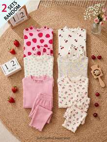 SHEIN [Randomly Sent 1 Set]Baby Girl One-Piece Long Sleeve Long Pants Wavy Ruffle Hem Design Cute Strawberry Cherry Ditsy Floral Solid Color Pattern Fabric Comfortable Suitable For Girls Home Daily Wear Pajamas Loungewear - Multicolor - View 9